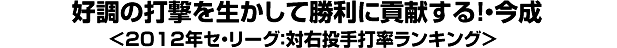 好調の打撃を生かして勝利に貢献する！・今成＜2012年セ・リーグ：対右投手打率ランキング＞